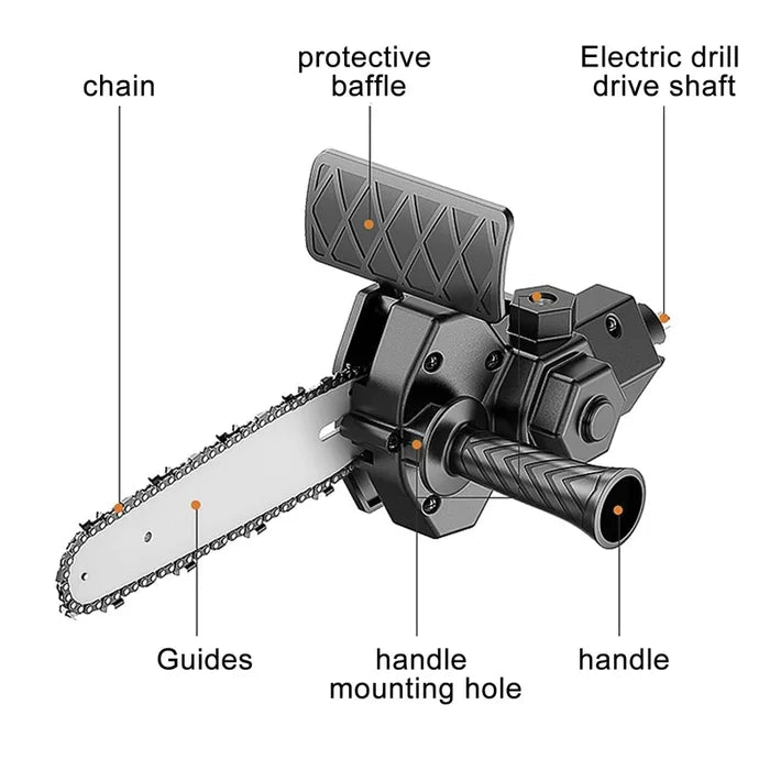 QuirkTool™ Electric drill modified to electric chainsaw drill attachment
